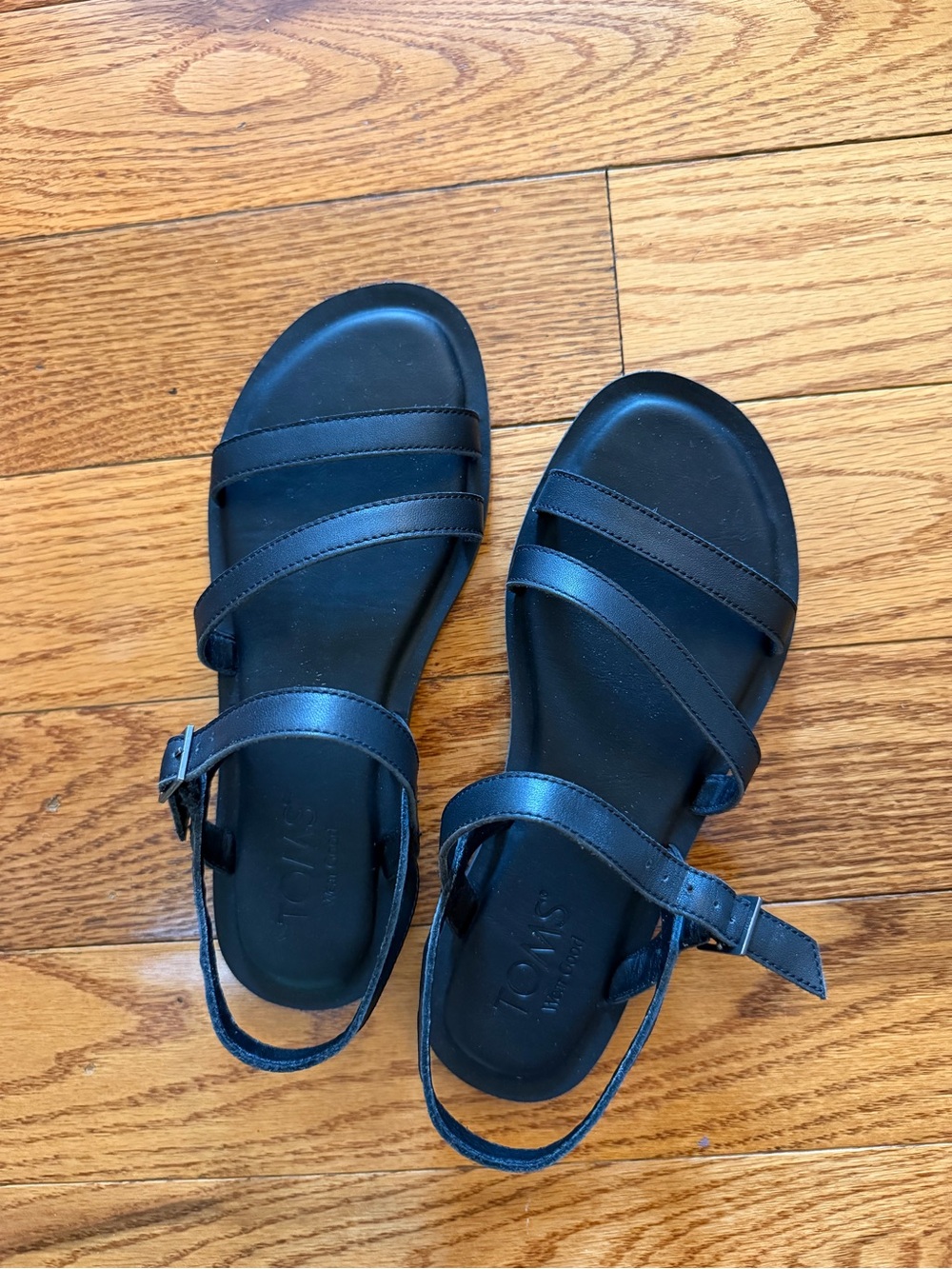 TOMS Black Leather Double-Strap Buckle Sandals